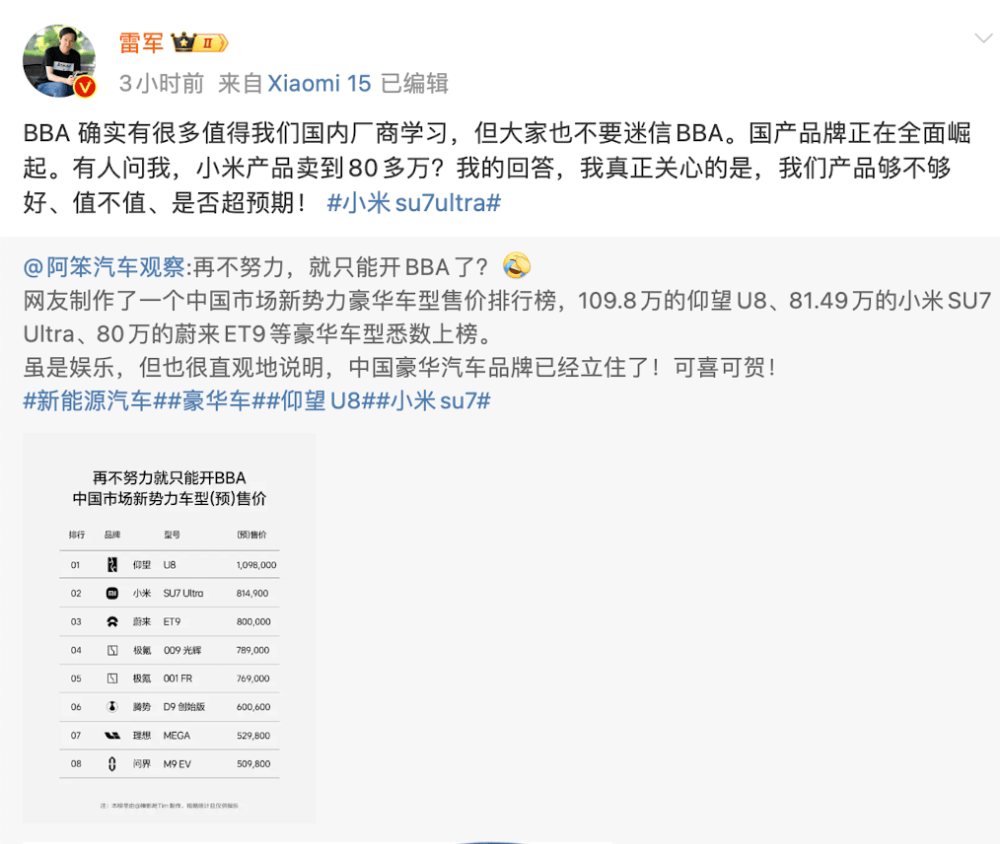 小米汽車賣到80多萬，網友稱再不努力只能開BBA！雷軍：不要迷信BBA