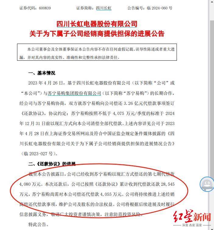 四川長虹已收到蘇寧易購2.85億元代償款 剩余4055萬元