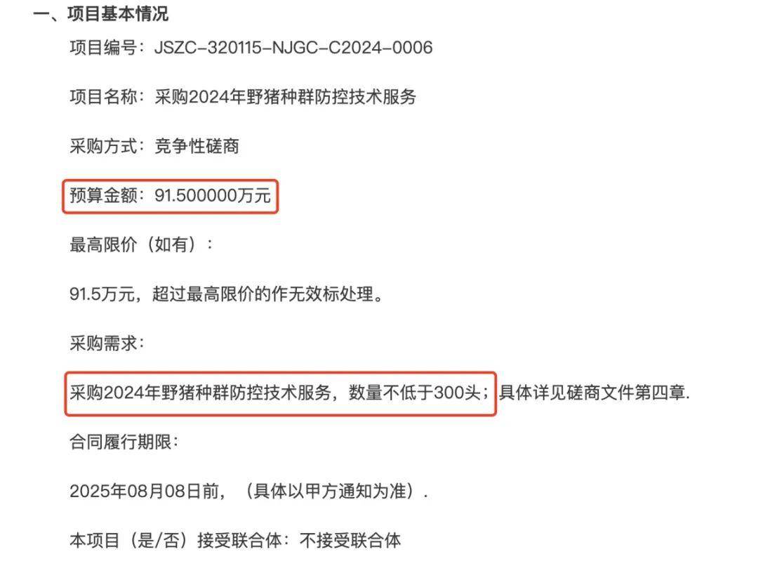 91.5萬元打300頭野豬，南京一企業中標后棄標，知情人：人手不夠放棄