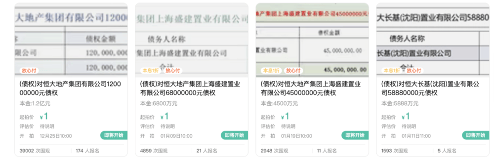 1元起拍，恒大地產集團1.2億元債權拍賣參與者眾多