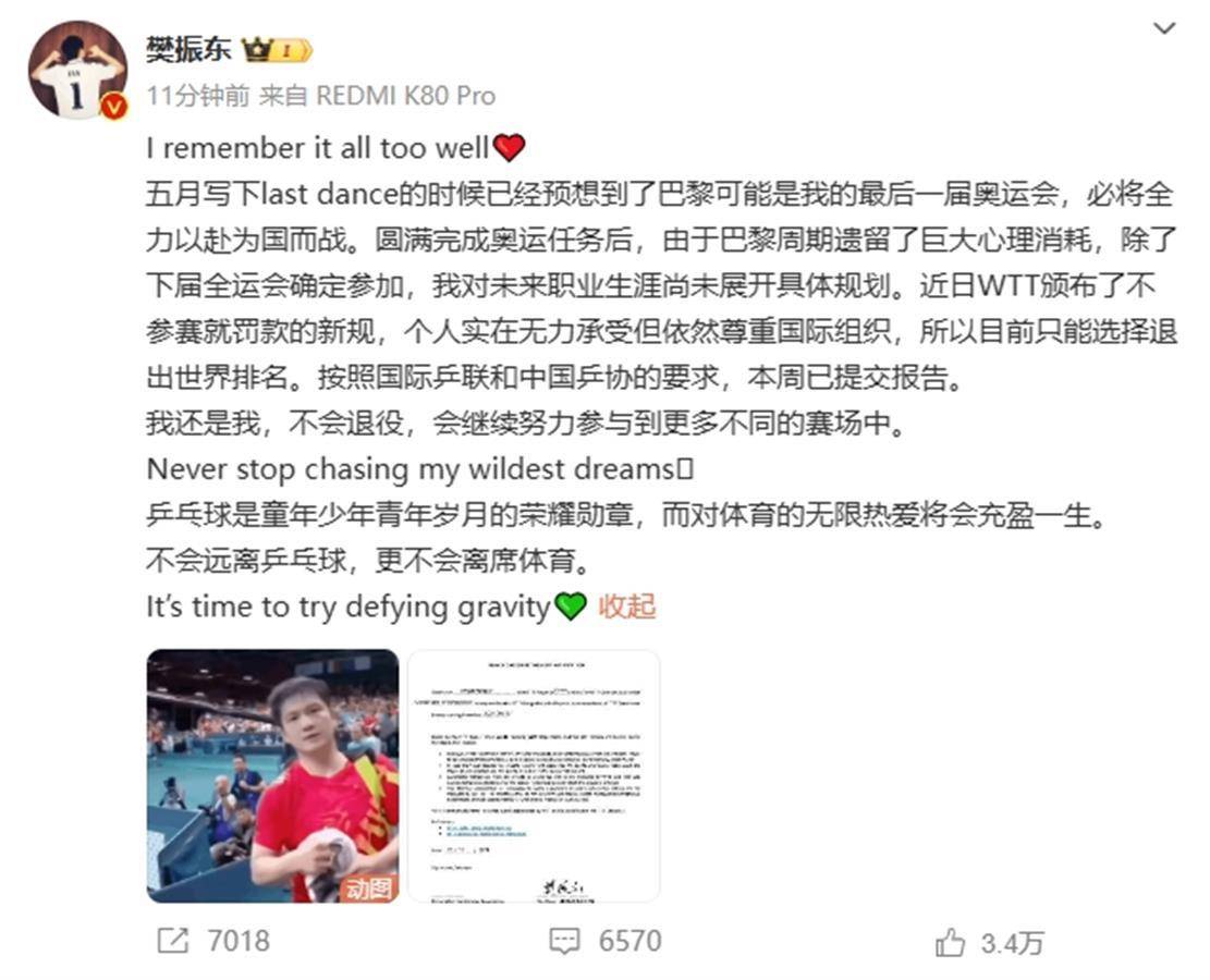 “交不起罰款”，樊振東宣布退出國際排名但不退役，“繼續參與更多不同的賽場”
