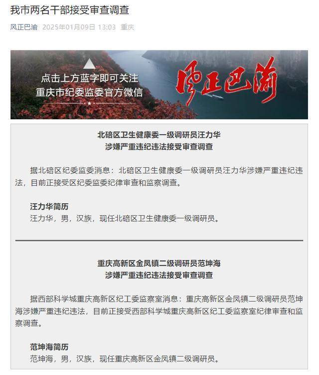 涉嫌嚴重違紀違法，重慶市兩名干部接受審查調查
