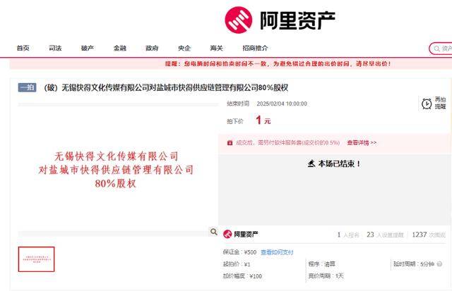 有人起拍價1元拿下江蘇一家公司80%的股權，相關負責人回應