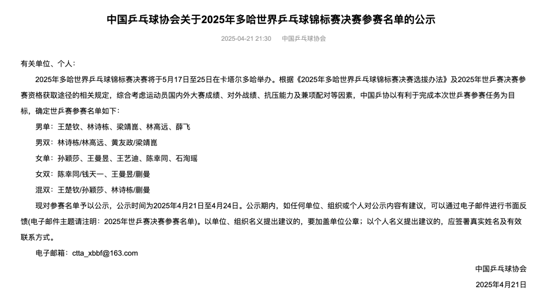 中國乒乓球隊公示多哈世乒賽參賽名單